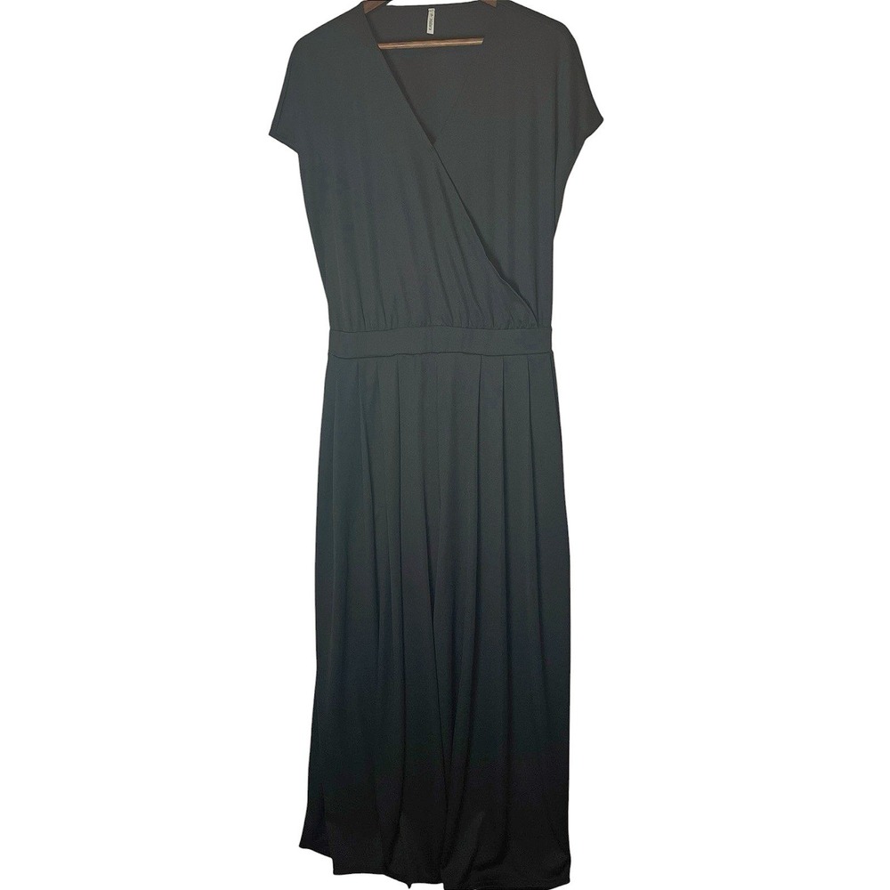 Halara Black Wide Leg Jumpsuit Faux Wrap V-Neck Pleated Short Sleeve Pocket XL - Picture 5 of 9